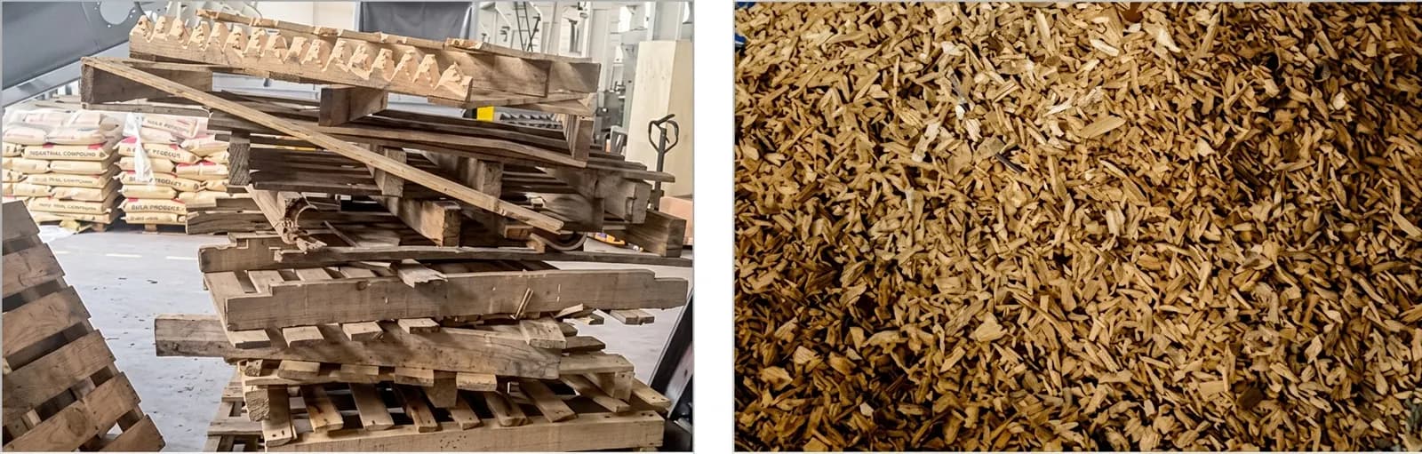 Résultat du broyage : palette entière transformée en plaquettes calibrées